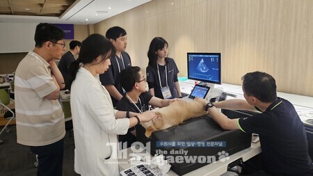 이상권 교수 주도로 심장 초음파 실습 교육이 진행됐다.